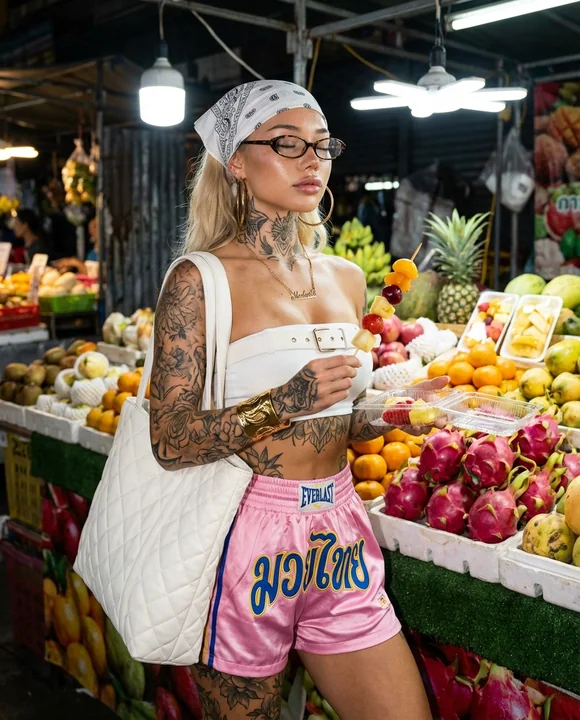 Tattooed street girl in a bustling tropical night market