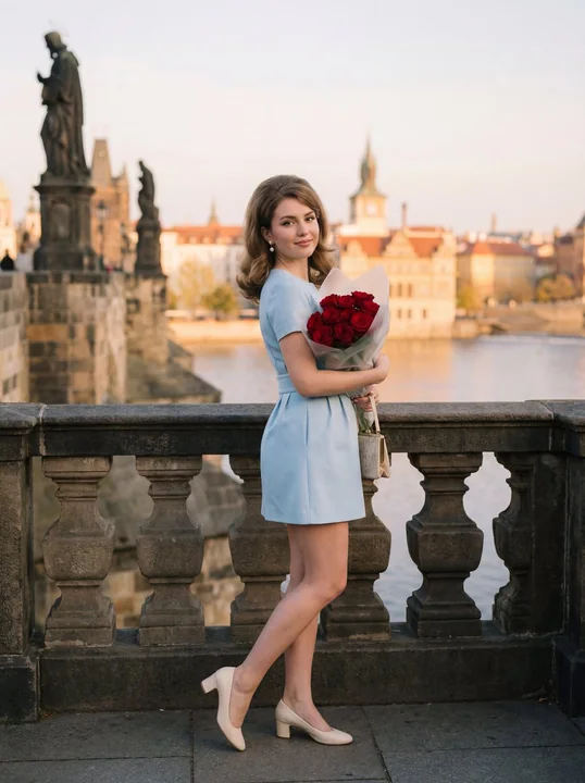 Fille au roseau vintage sur le pont de Prague