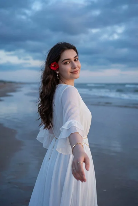夕暮の浜辺に白いドレスを着た少女が真剣な後ろ向き