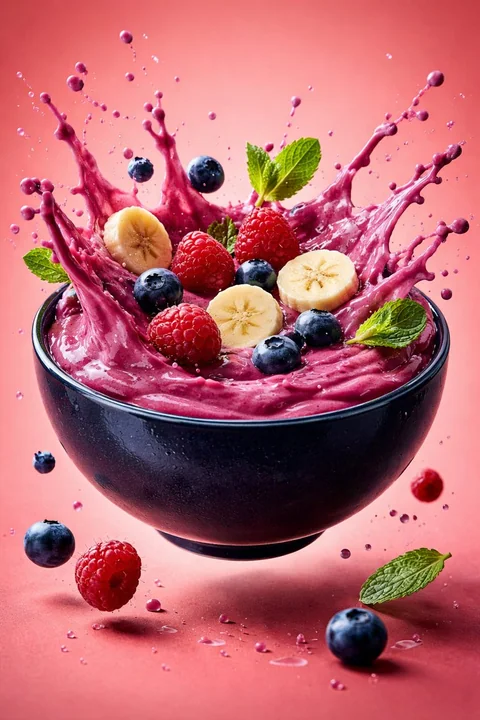 Bowl de milkshake suspendu aux couleurs vives parsemé de baies éclaboussantes