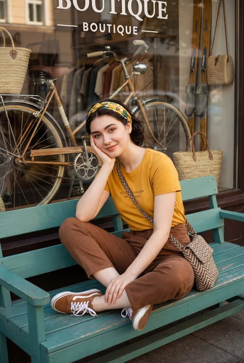 Après-midi vintage en rue avec une fille couleur wasabi