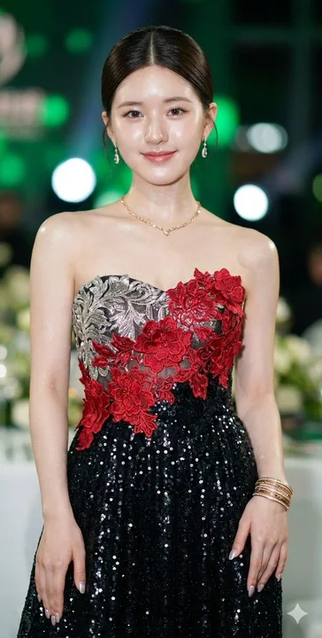 Vue d'ensemble magnifique de la robe de soirée rouge et noire de Zhao Lusi