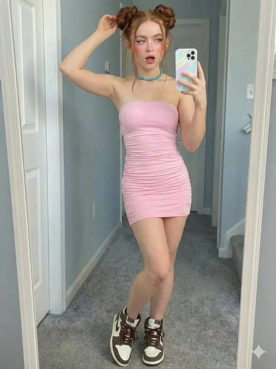 Jeune fille aux cheveux rouges vifs, avec deux couettes, portant une robe rose, s'auto-photographiant devant un miroir