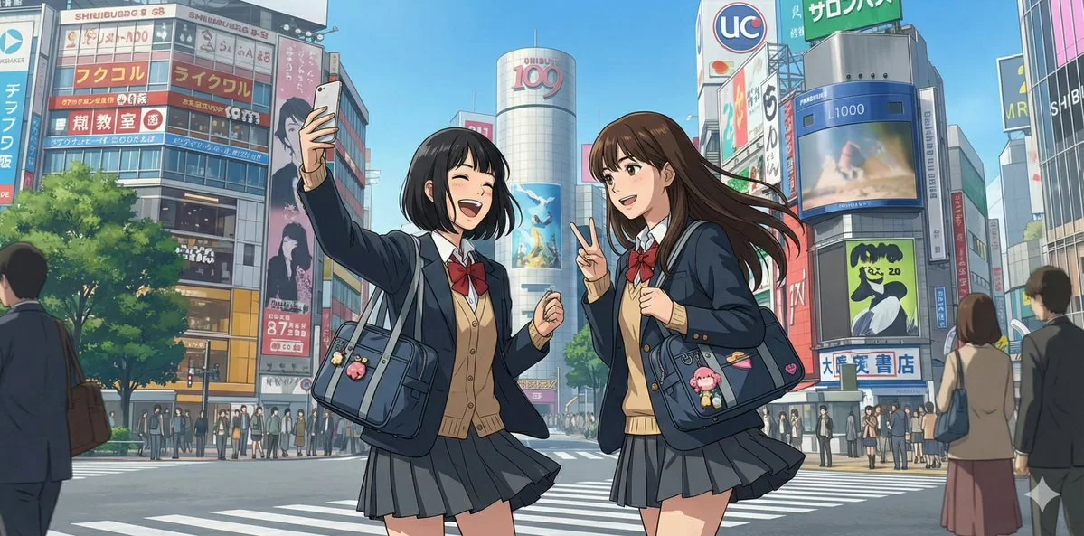 昼下がりの陽光の中の渋谷の女友達の時間