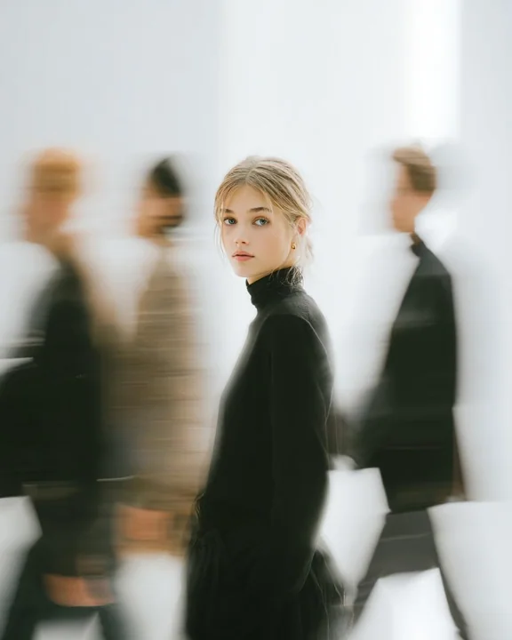 黒い服を着た女性が、騒がしい人潮の中で一瞬を切り取る