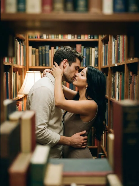 A Dazzling Kiss in the Warm-Lit Book Alley