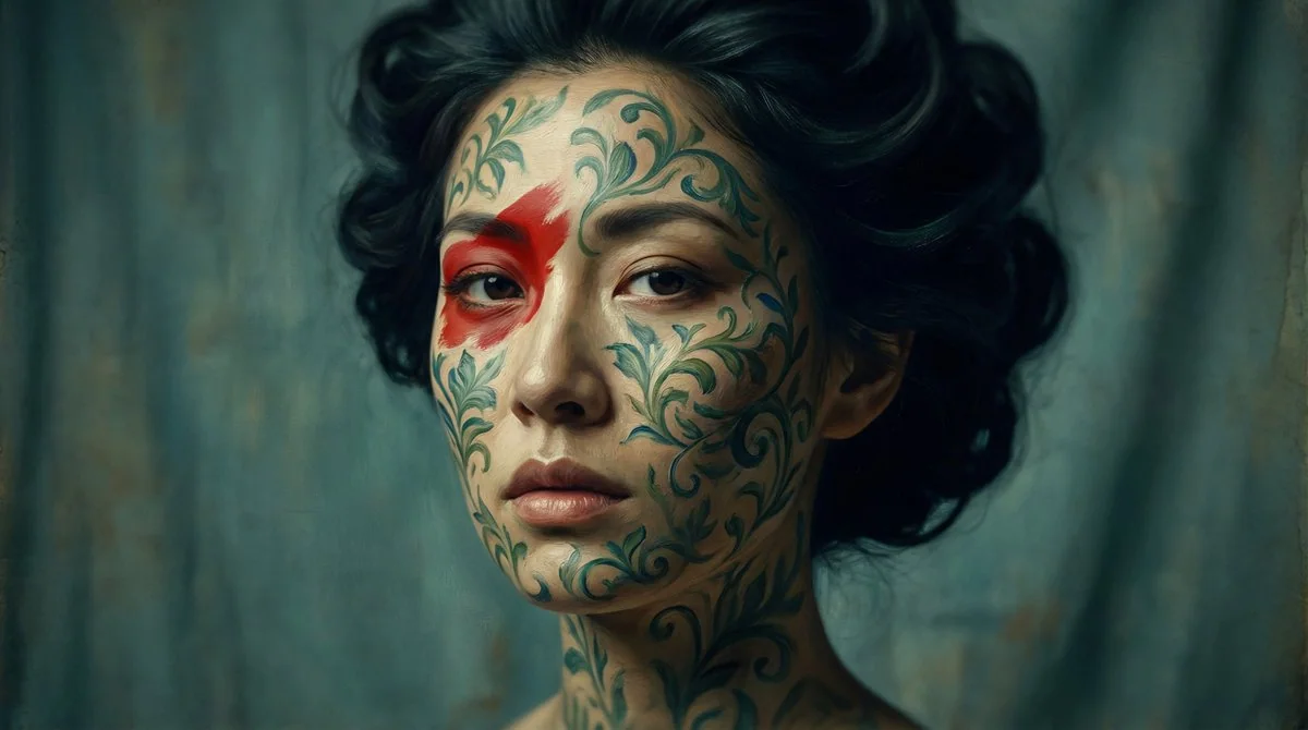 Movie-like artistic portrait with blooming flowers on the skin