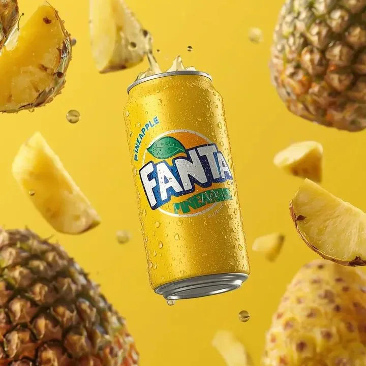 Suspended yellow soda with a drizzle of sweet pineapple juice