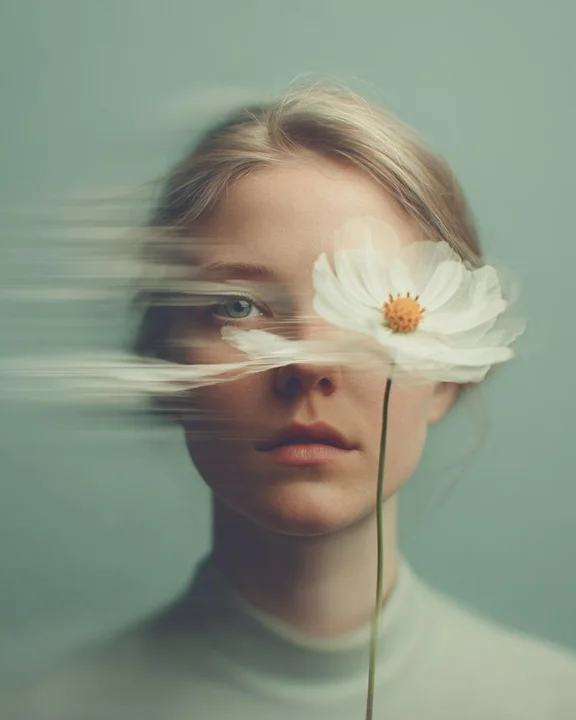Portrait d'une jeune fille rêveuse dans l'ombre d'un buisson argenté