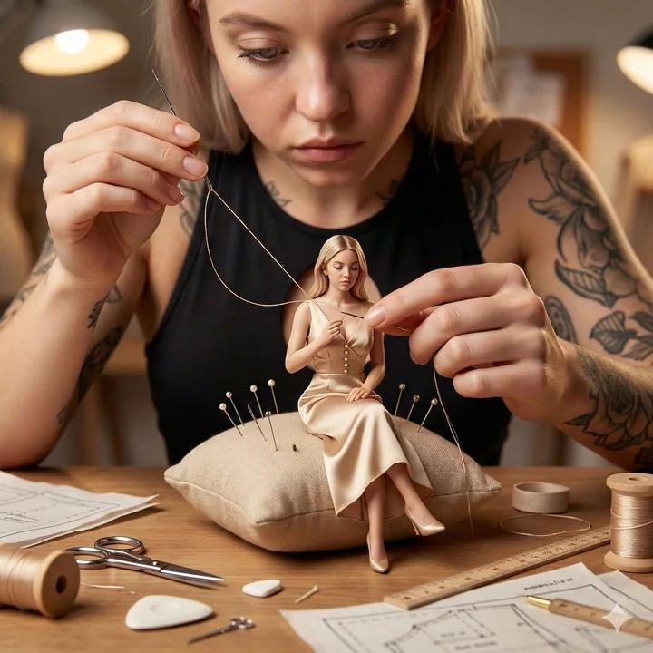 Hyper-realistic miniature haute couture on a needlepoint