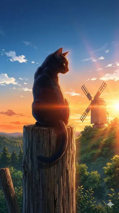 Чёрная кошка, оглянувшись, на фоне заката, освещённого сзади