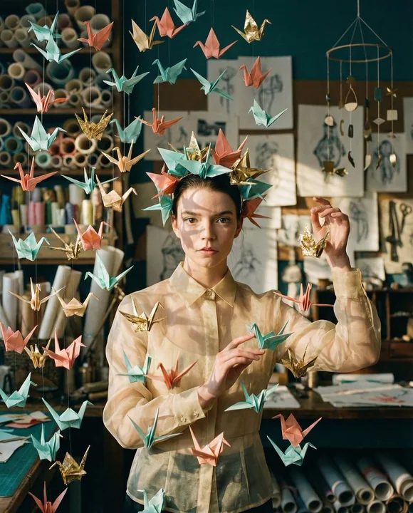 Photographie en papier éthérée entourée de grues en papier suspendues