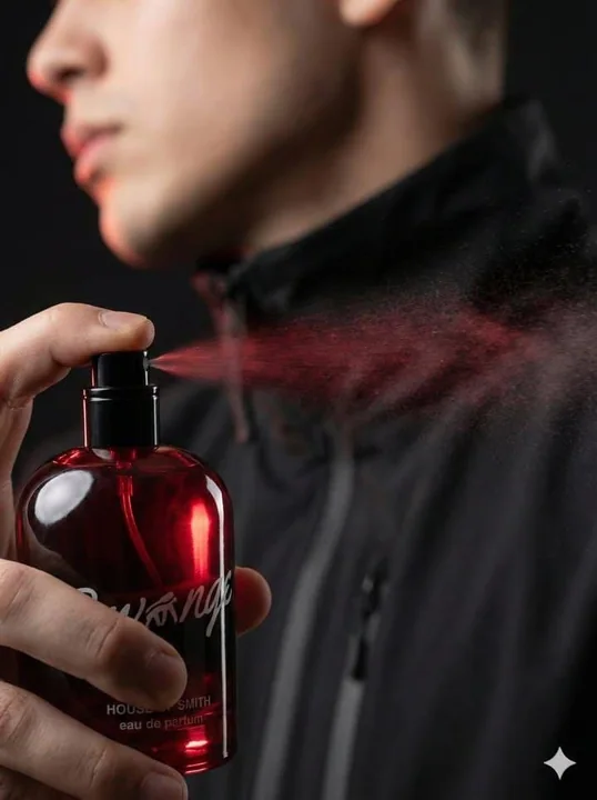 صورة إعلانية تجارية لرجل شاب يحمل زجاجة من العطر الأحمر