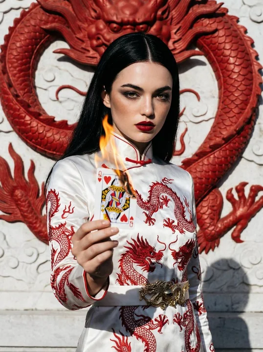 Chemise de soie blanche ornée de dragons et reine des cœurs rouge sombre