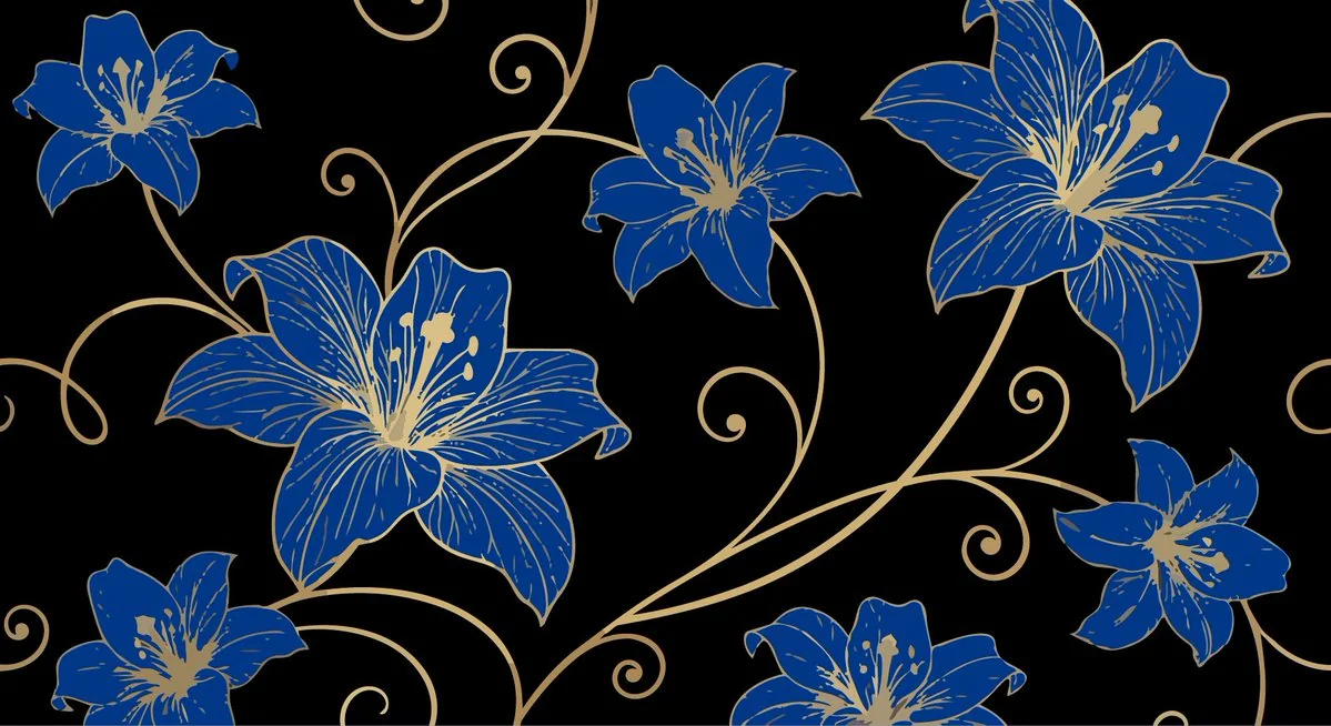 Lignes dorées brillantes qui dessinent des fleurs luxueuses profondes en bleu