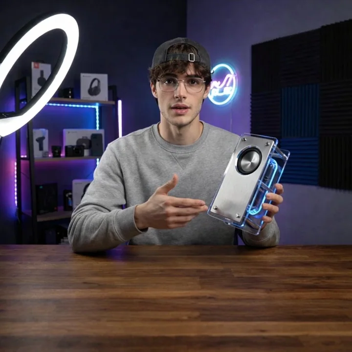 Démonstration d'une enceille futuriste rétro lors d'un salon technologique