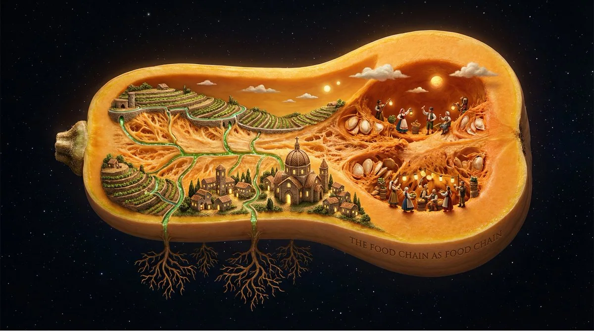 Civilisation agricole microscopique à l'intérieur d'un fruit suspendu