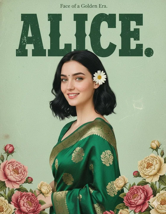 Jeune fille en sari sur un affiche indienne vintage