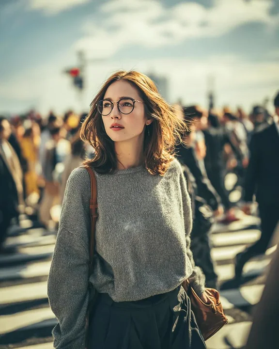 Fille au look cinématographique dans les rues de la ville pendant l'heure d'or