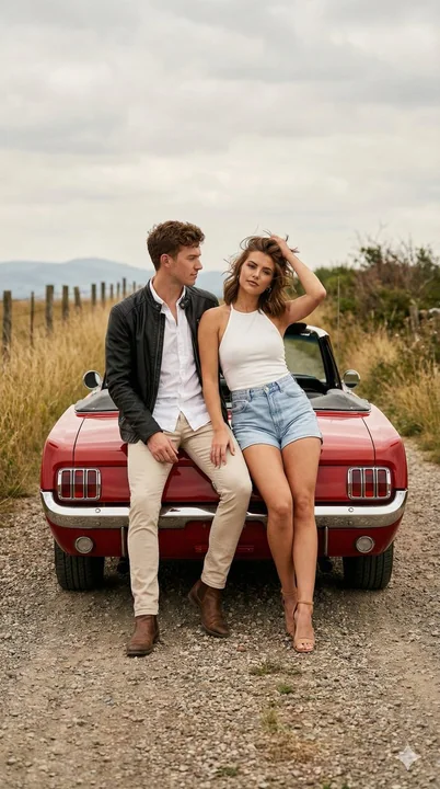 Véhicule rouge vintage et couple stylisé sur une route de campagne