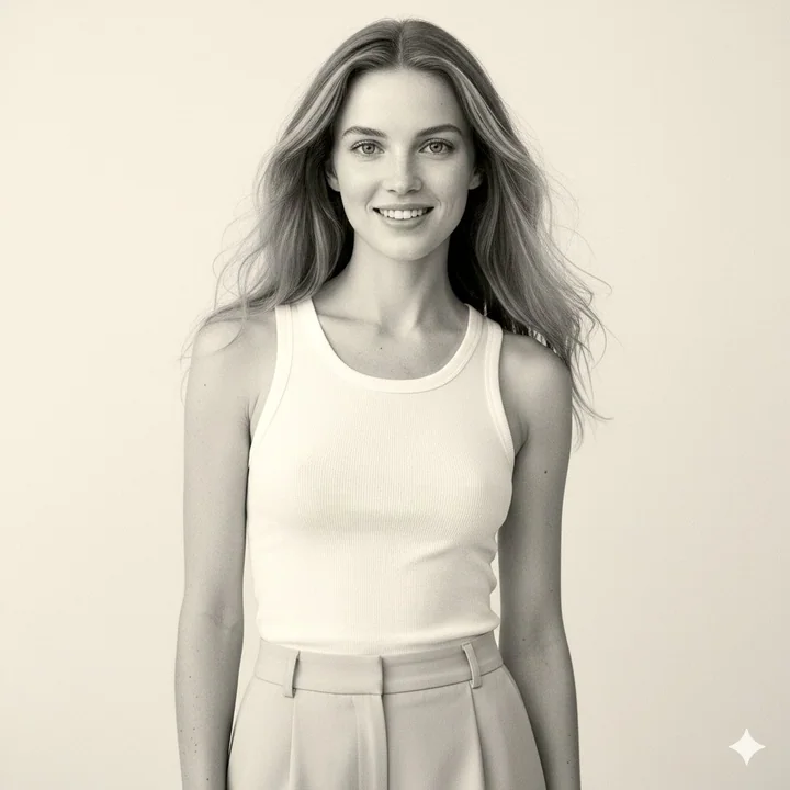 Photographie noir et blanc en studio : sourire séducteur d'une jeune fille
