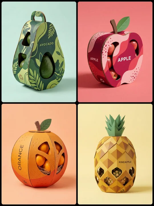 Photographie de packaging en carton ondulé créatif en forme de légumes et de fruits