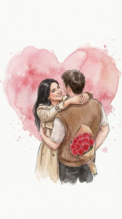 Illustration d'un couple enlacé sous un cœur en aquarelle romantique