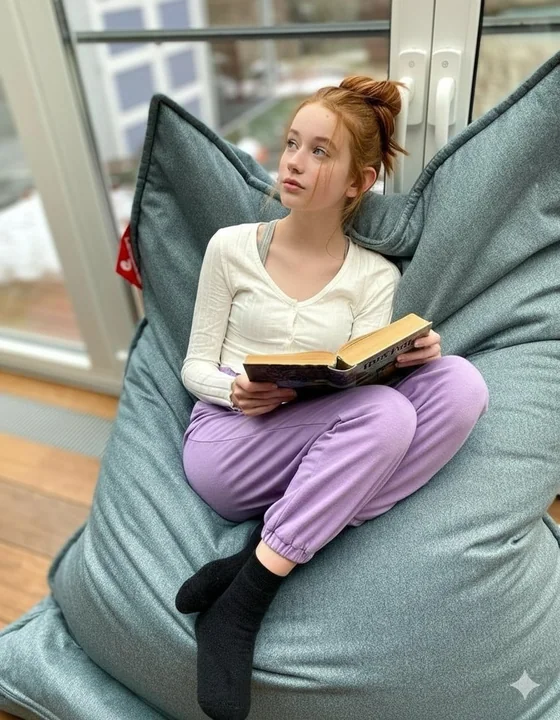 فتاة ذات شعر أحمر على أريكة المُسرح في شتاء الحلم مع الكتاب