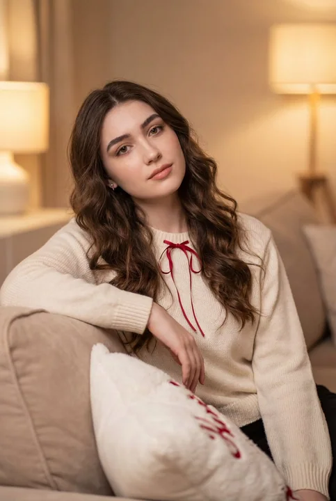 Ultra-realistic portrait of a beautiful girl on a warm light sofa