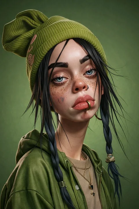Portrait 3D en relief d'une fille cool avec des cheveux verts et des taches de rousseur