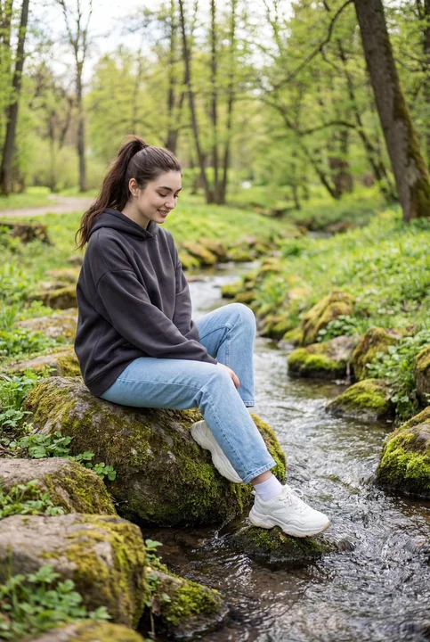 Jeune fille silencieuse au milieu des bois verts le long de la rivière