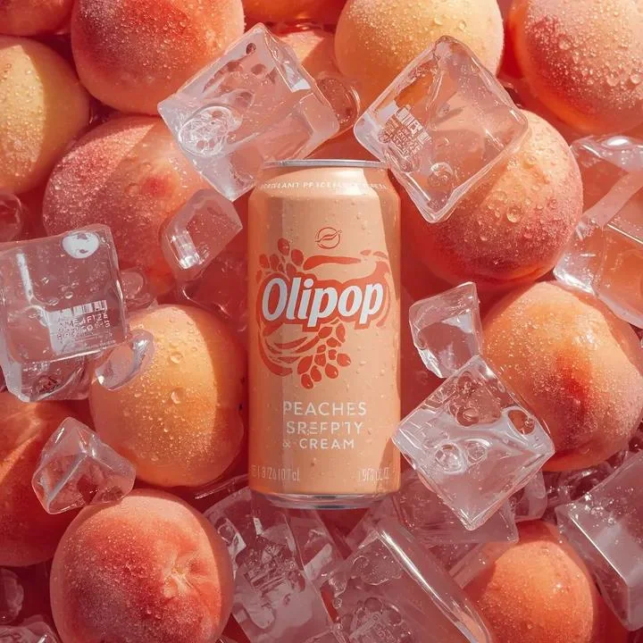Photographie commerciale hyper-réaliste d'une boisson gazeuse de pêche glacée