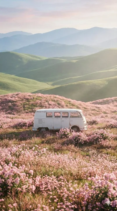 漫山粉红花海中的白色复古面包车