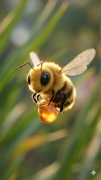 Cute, fluffy little bee flying with honey