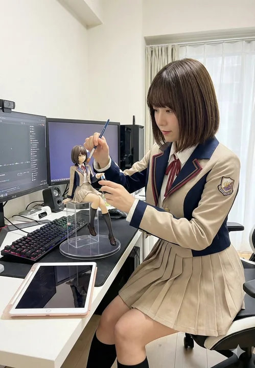 少女轻柔地擦拭桌上的微型手办。