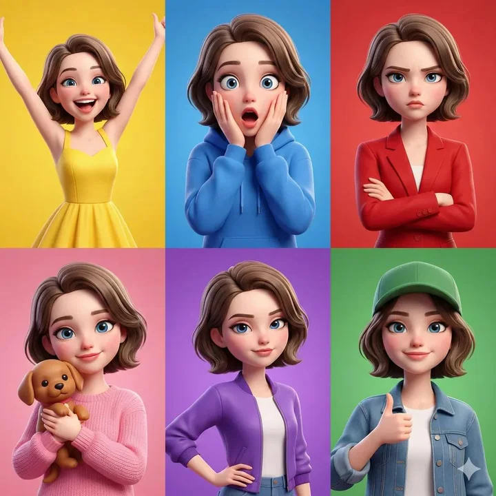 ピクス風の女の子の6つの表情を並べて展示