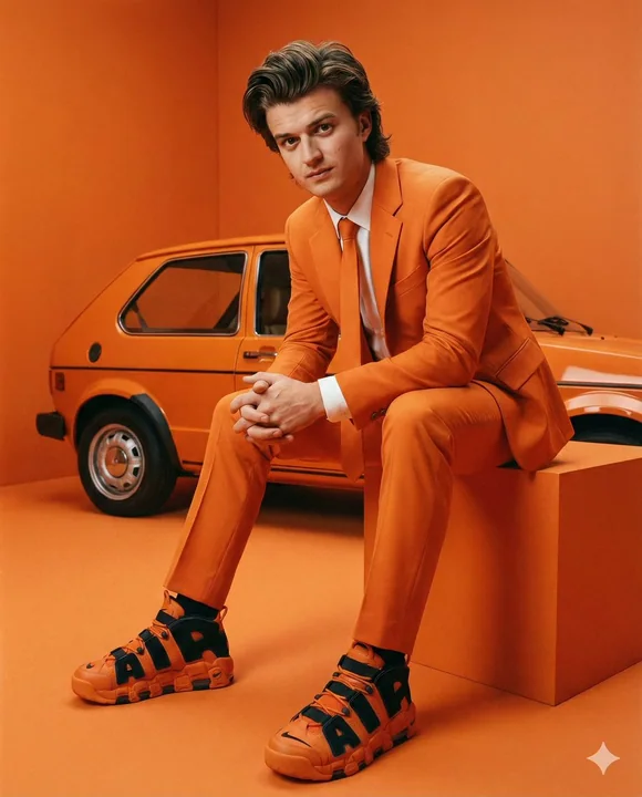 Vêtements de luxe en pleine lumière, dans un espace orange.
