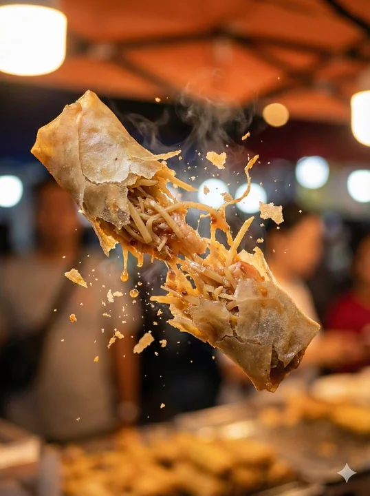 Gaufre au caramel qui se déchire en volant dans la rue de la nuit
