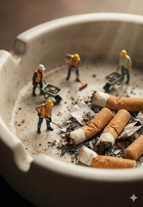العمال الصغار ينظفون دلو الرماد الضخم