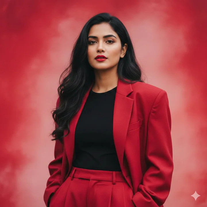 赤く唇をした、巻き髪のインドの美女、超現実的なスーツの肖像画