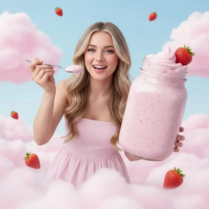 Jeune fille au yaourt à la fraise flottant dans un océan de nuages roses