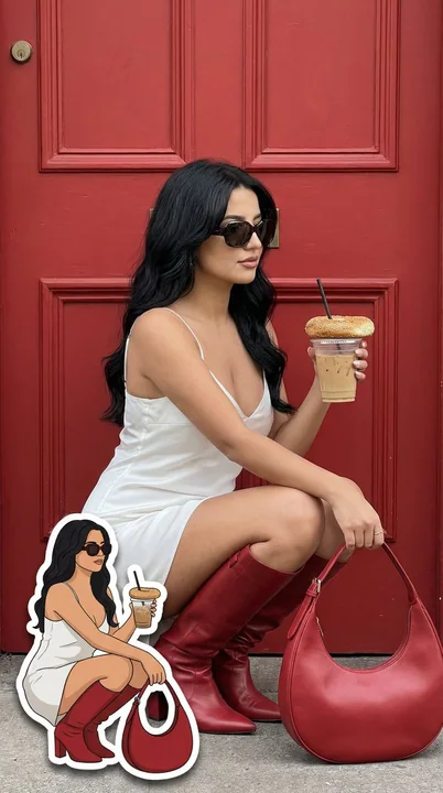 Fille en robe rouge en street style et sa version sticker 2D