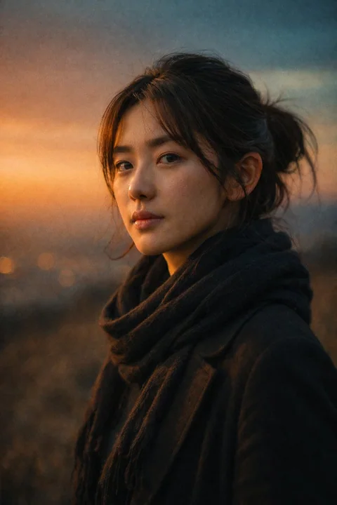 Eastern girl's profile under a cinematic sunset