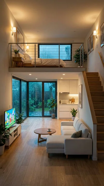 Appartement en verre duplex chaleureux par une nuit de pluie violente