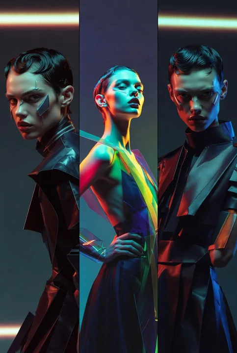 Triptyque de mode avant-gardiste : regard perçant d'une top model
