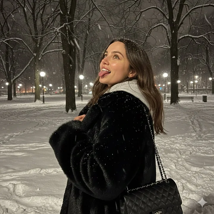 La belle femme élégante dans sa veste en fourrure noire, attrapant la neige