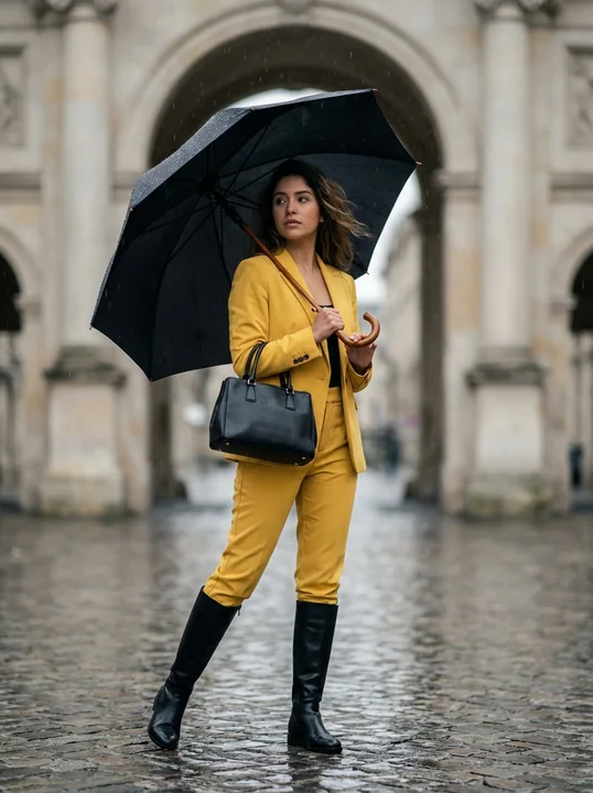 Elegant woman in a bright yellow suit captured in the rain