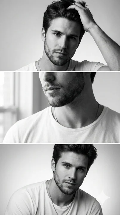 Minimalist black and white male model photos under sculptural lighting