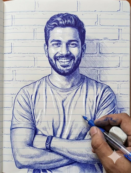 Blue and white ink sketch of a person's portrait note