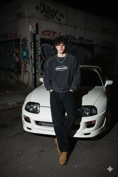 JDM street style gourou sous la lumière du flash à minuit